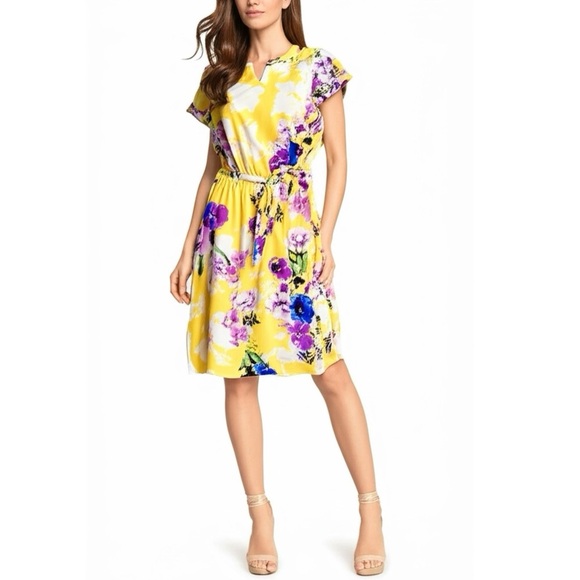 CHRISTOPHER & BANKS Dress Yellow Violet Floral Short Sleeve Knee Length Sz Small - Picture 1 of 15
